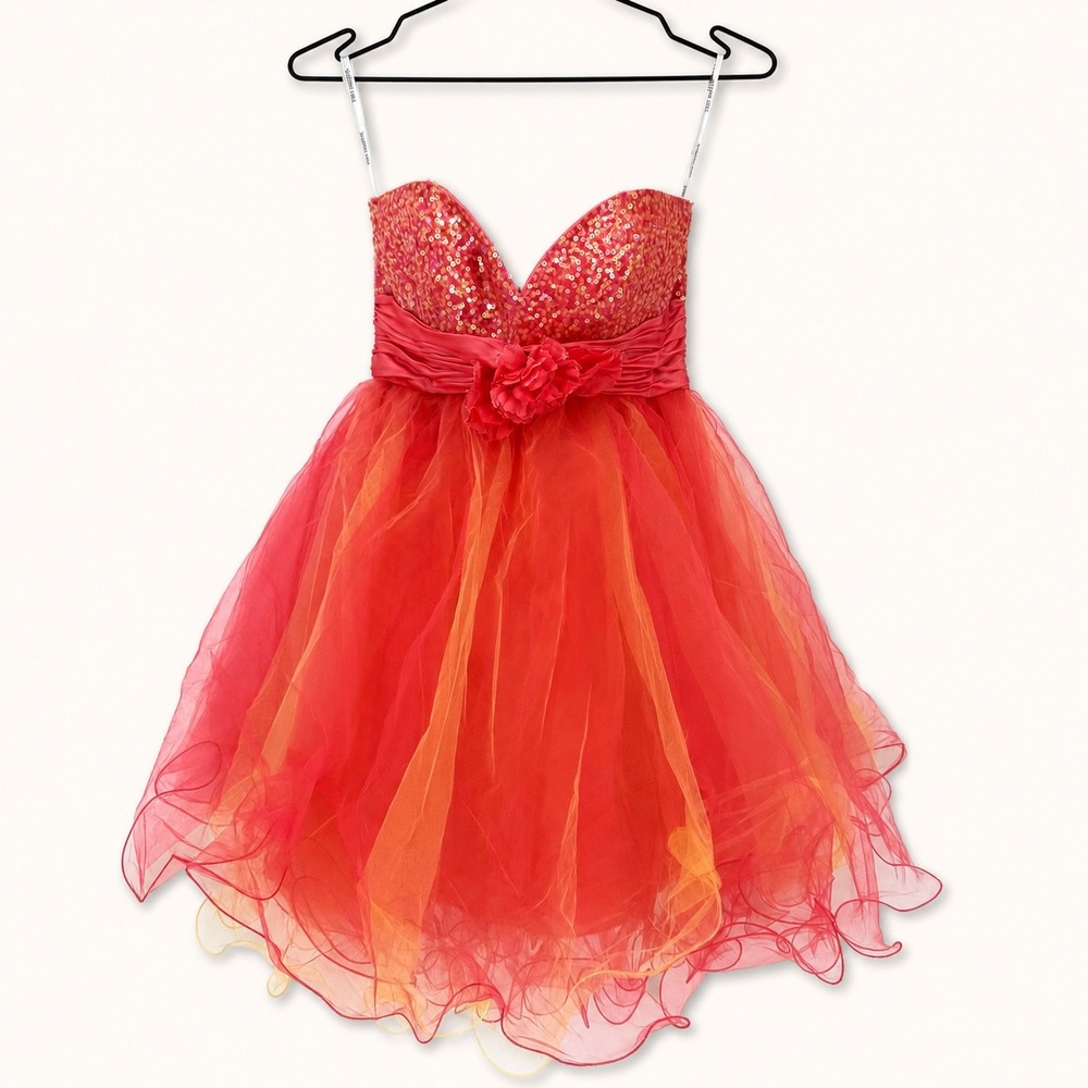 Sherri Hill 2‎ Mini Dress Sequin Tulle Strapless Floral Red Orange Prom Formal
